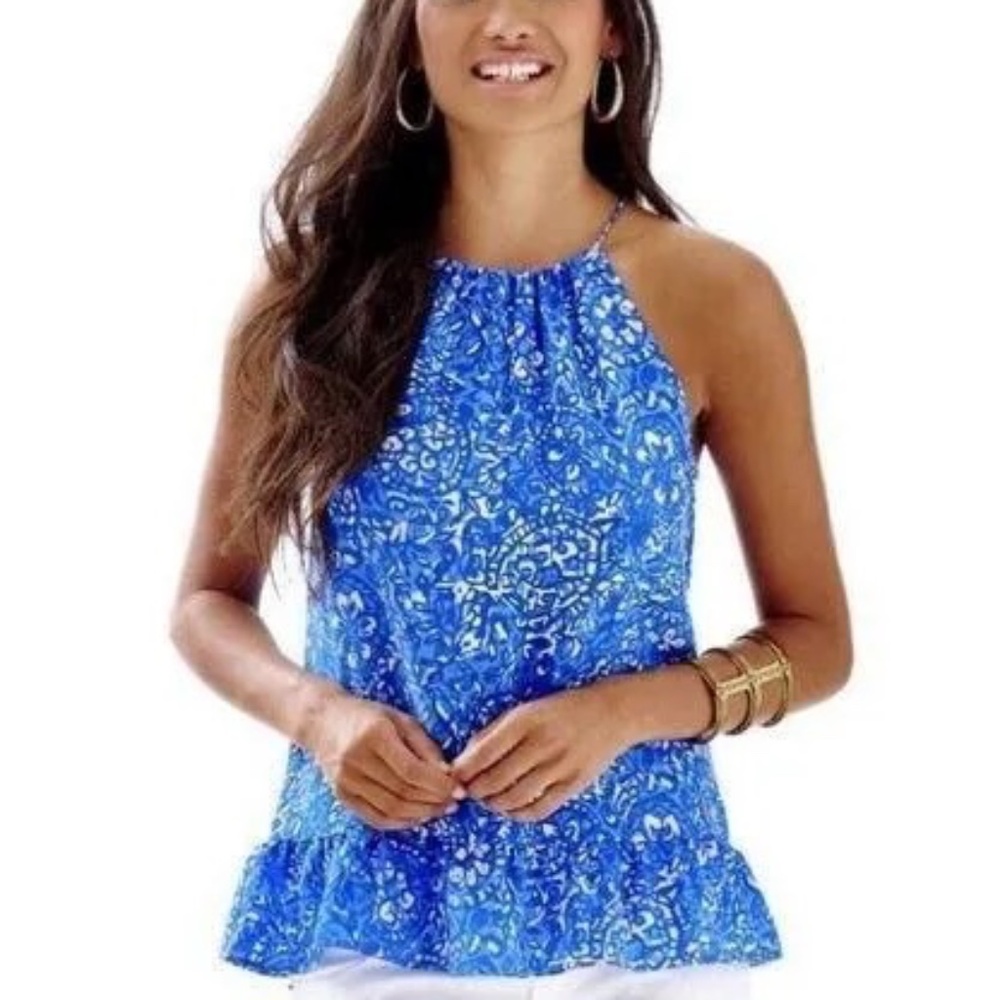 Lilly Pulitzer • Millie Top silk tank halter Bay Blue Give Em Shell 17801